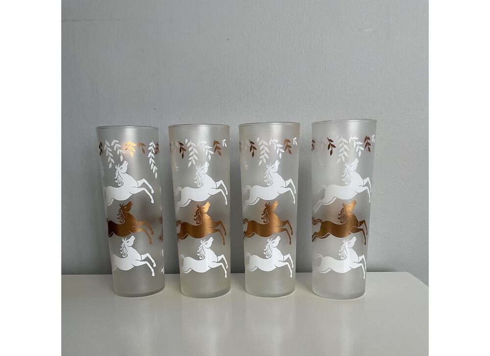 Vintage Highball Libbey Cavalcade Frosted Glasses Horses